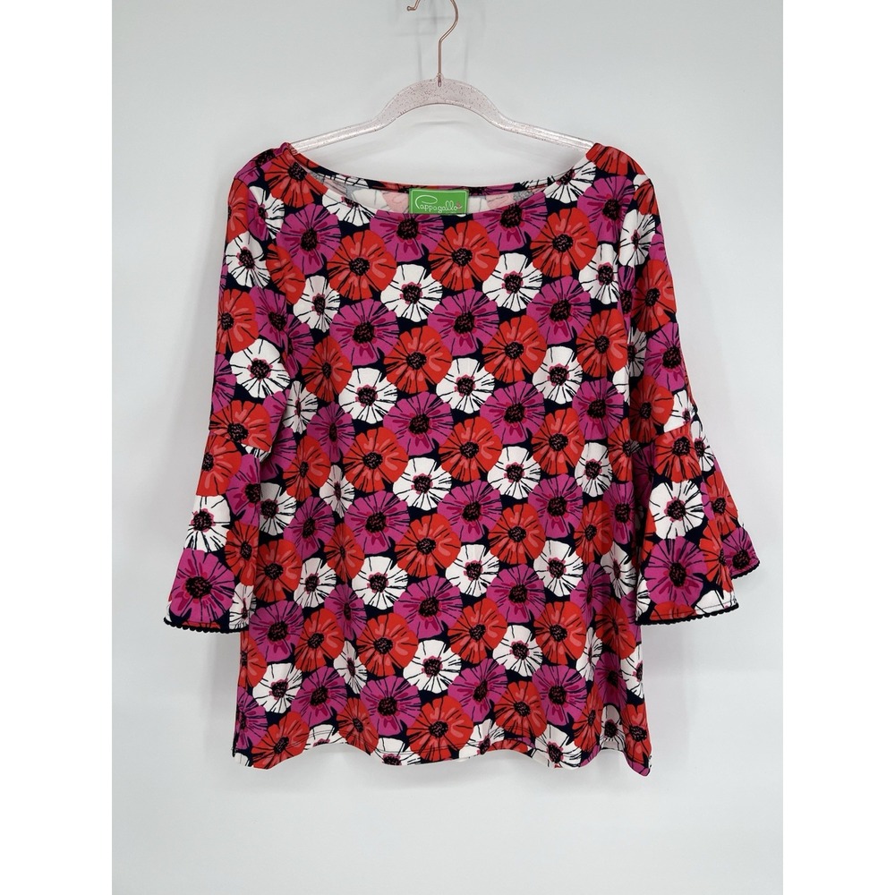Pappagallo Pink Red White Floral 3/4 Sleeves Womens Blouse Sz XL Thick Material‎